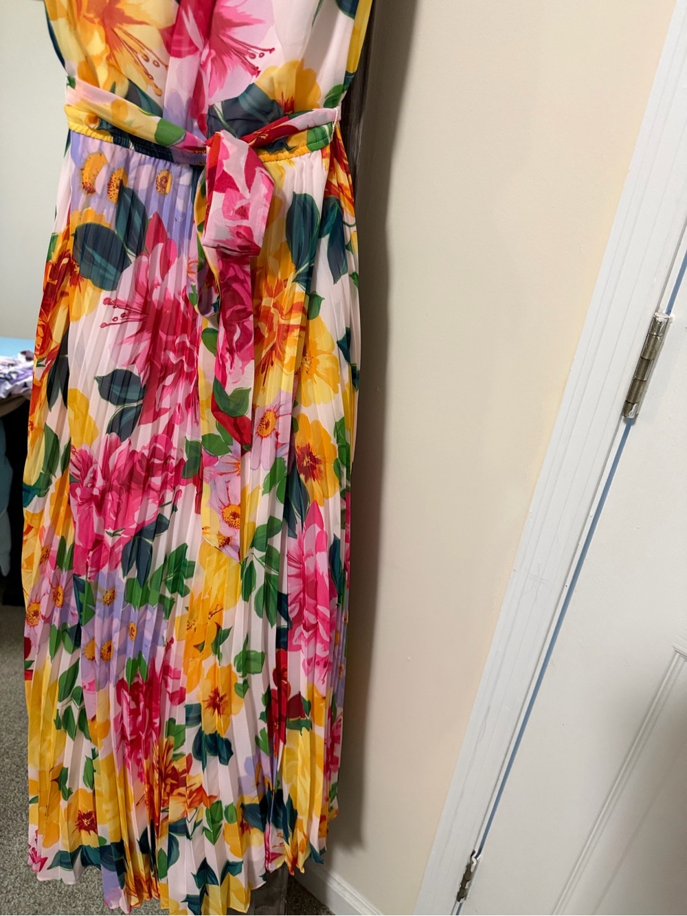 Floral Pleated Wrap Dress - Pink & Yellow - Picture 6 of 10